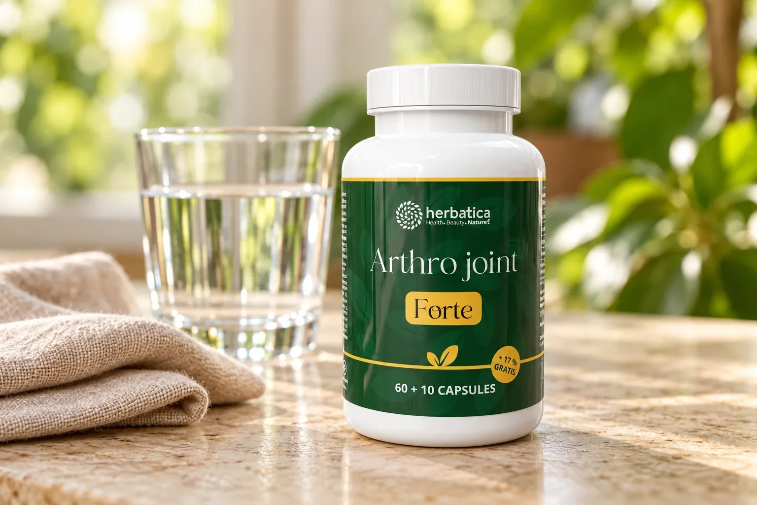 Arthro kĺbová výživa Herbatica v uzavretom balení 60 + 10 kapsúl vedľa pohára vody