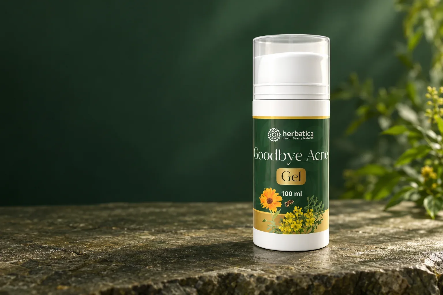 Goodbye Acne – bylinný pleťový gél – balenie Herbatica v súvislej zelenej scéne