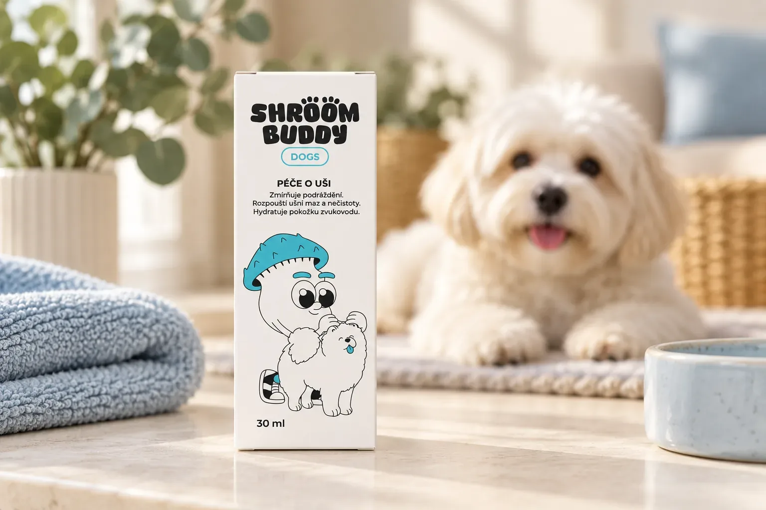 Ilustračná scéna starostlivosti o uši psa s balením Shroom Buddy Kvapky do uší DOGS 30 ml
