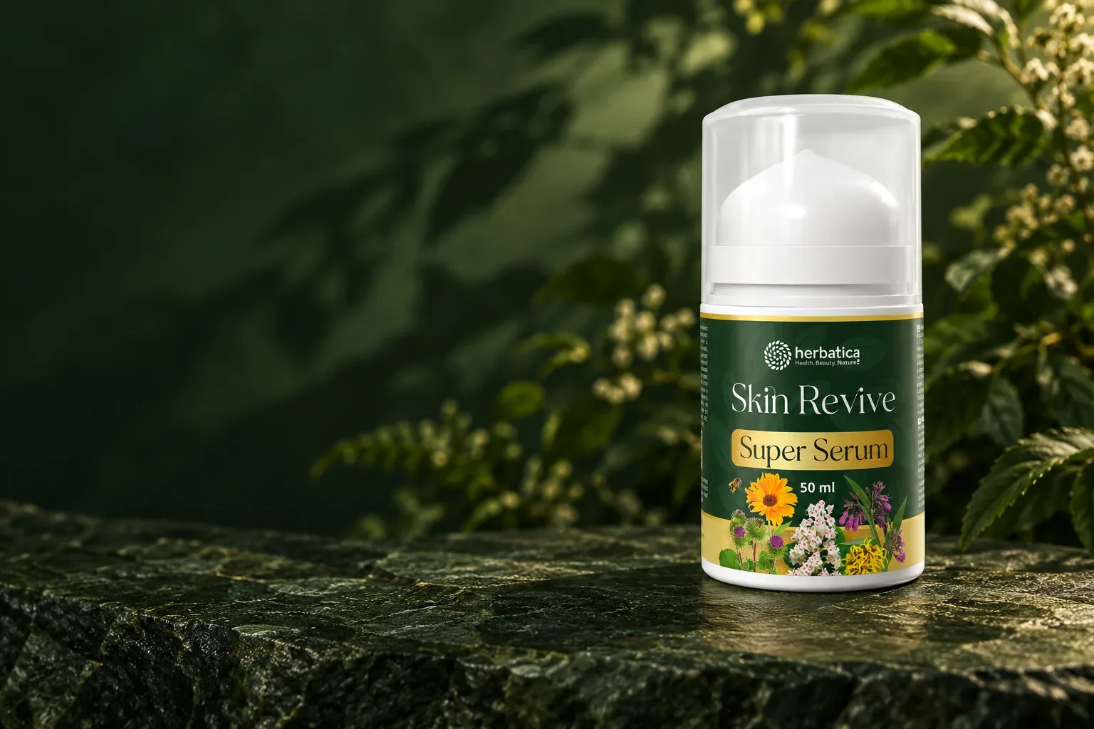 Skin Revive SuperSerum · pleťové sérum – balenie Herbatica v súvislej zelenej scéne