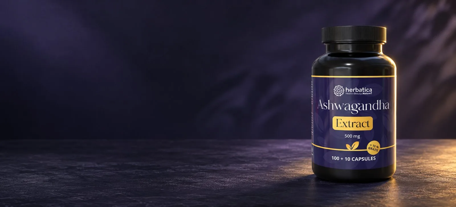 Presné balenie Ashwagandha Extract Herbatica v súvislej tmavomodrofialovej scéne