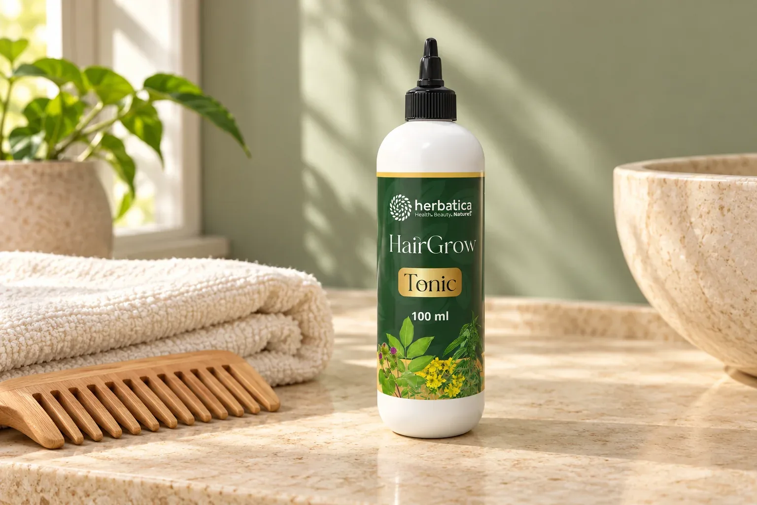 HairGrow Tonic 100 ml pri uteráku a drevenom hrebeni v jednoduchej vlasovej rutine