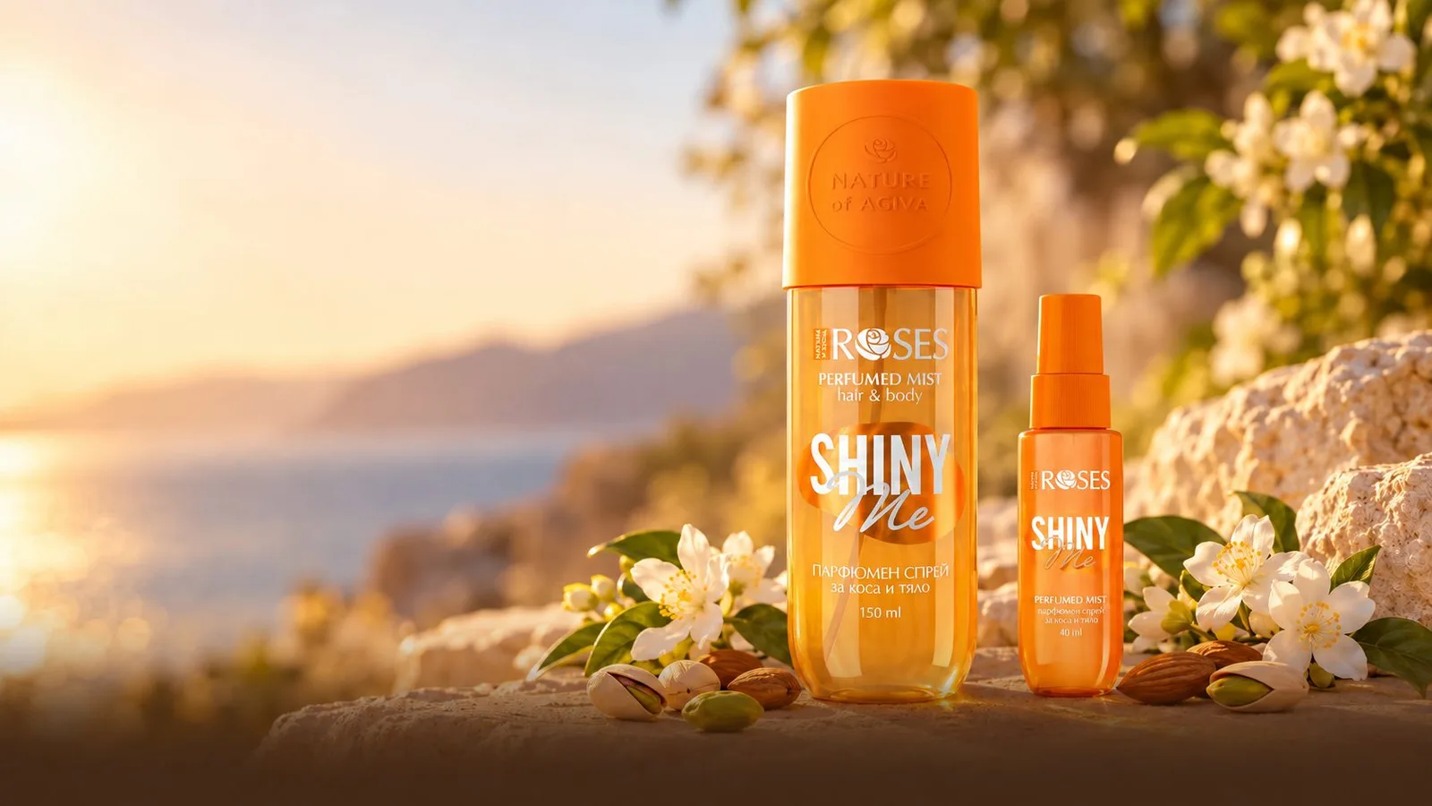 Shiny Me parfumovaný sprej v oranžovom 150 ml balení a oranžovom 40 ml mini spreji