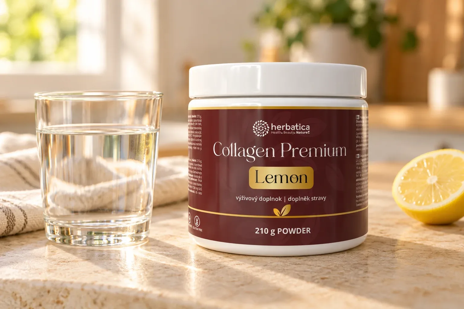 Balenie Collagen Premium Lemon 210 g pri pohári vody a citróne