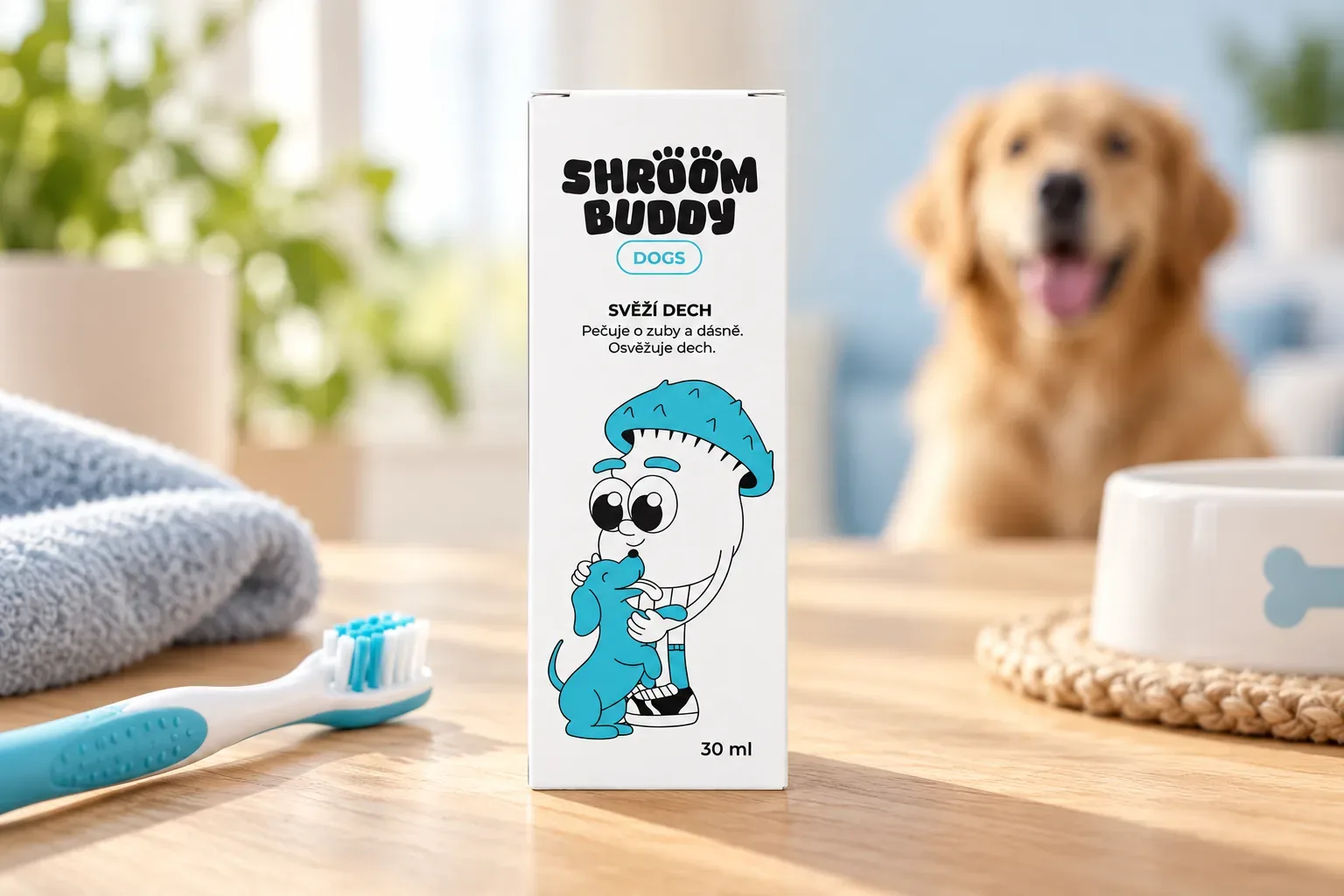 Ilustračná scéna ústnej starostlivosti psa s balením Shroom Buddy Svieži dych DOGS 30 ml