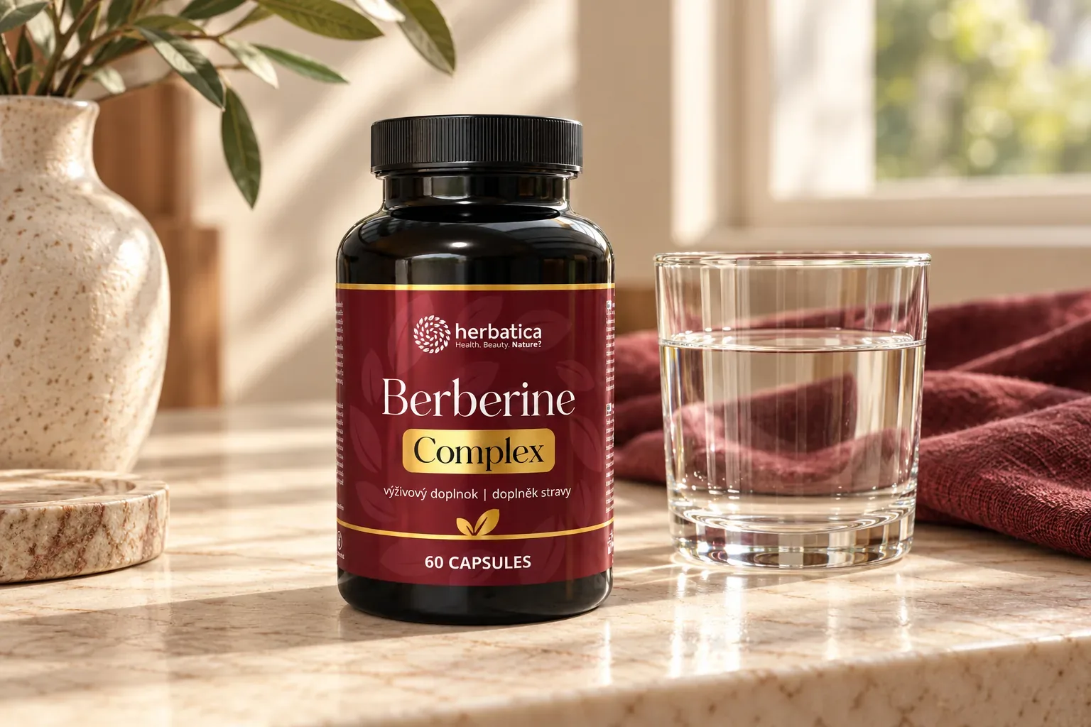 Berberine Complex Herbatica vedľa pohára vody