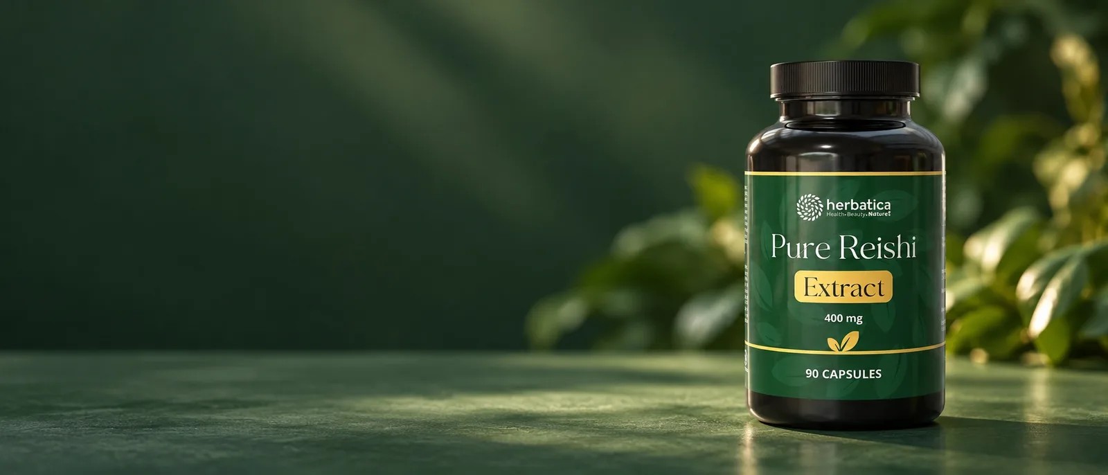 Reishi Extract Herbatica s čitateľnou zelenou etiketou v jednej súvislej lesnej zelenej scéne