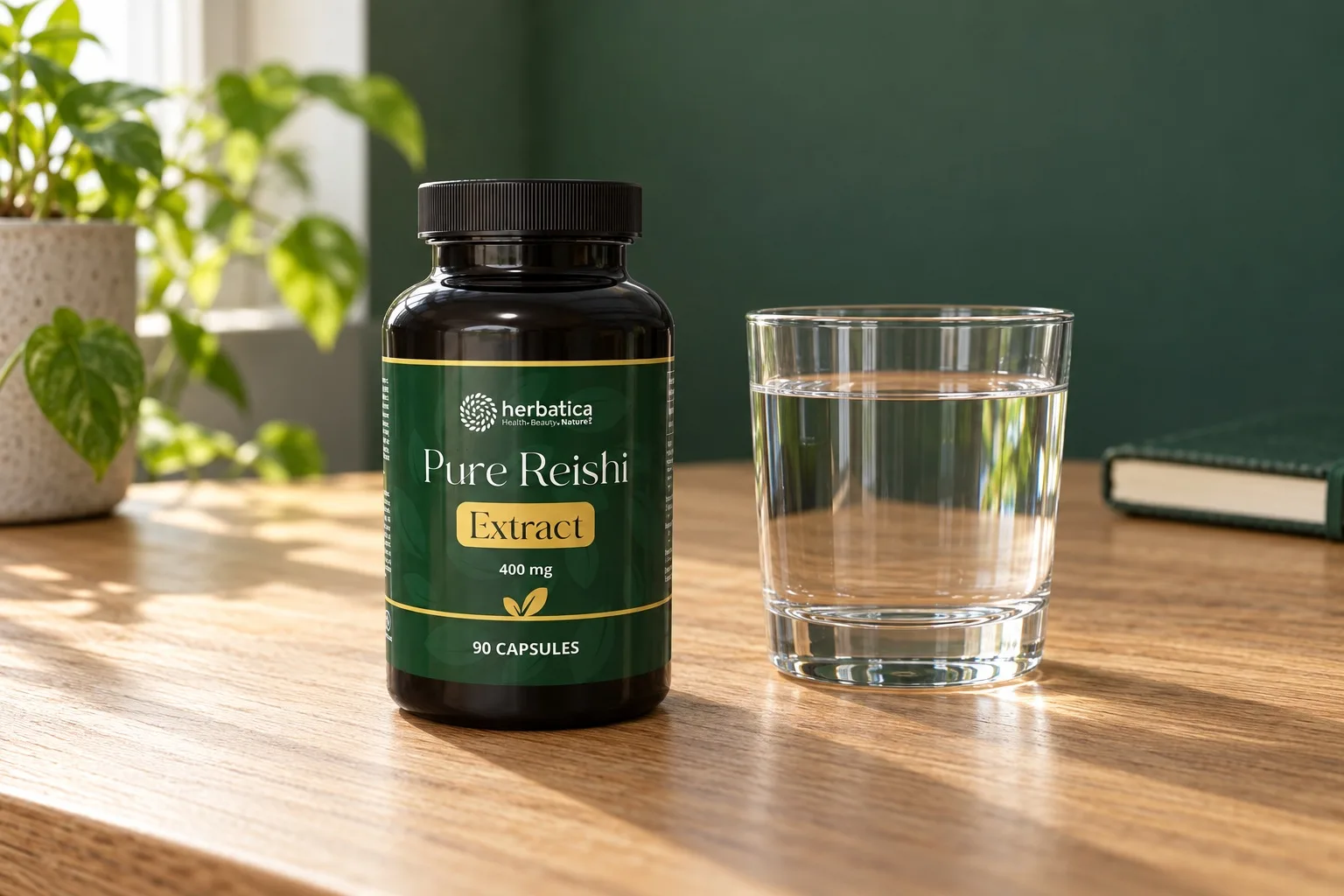 Presné zatvorené balenie Reishi Herbatica a pohár vody pri domácom stole
