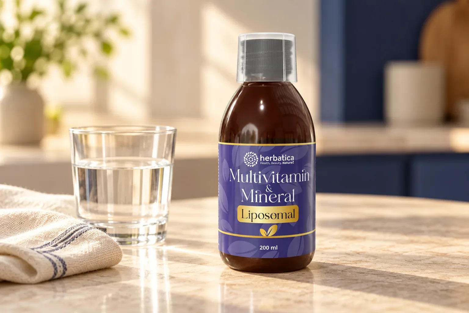 Multivitamin & Mineral Liposomal 200 ml pri pohári vody na svetlej kuchynskej ploche