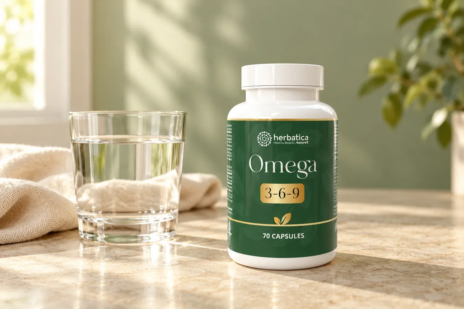 Omega 3-6-9 70 kapsúl pri pohári vody ako súčasť dennej rutiny