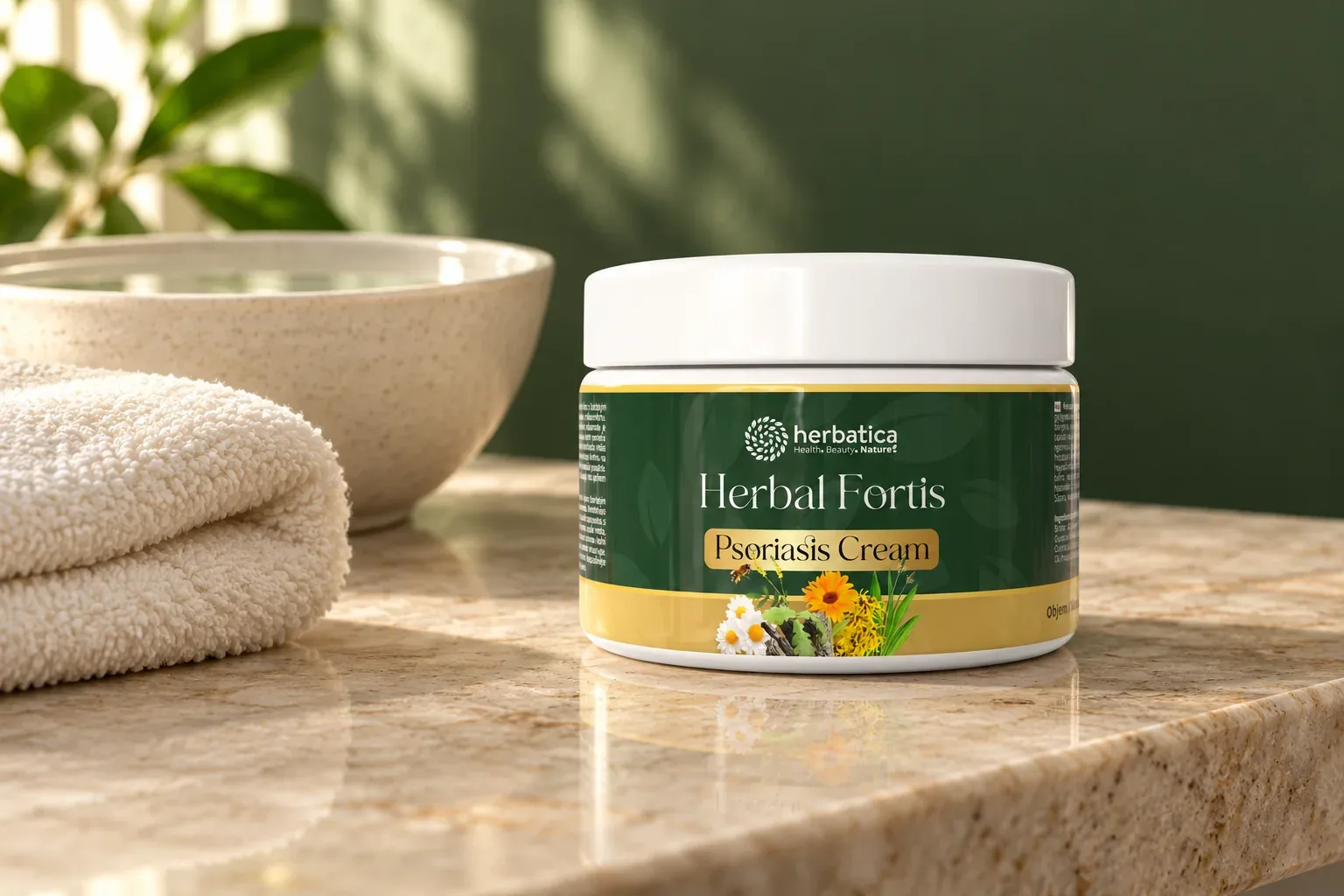 Herbal Fortis Psoriasis Cream pri mäkkom uteráku v pokojnom prostredí starostlivosti o pokožku