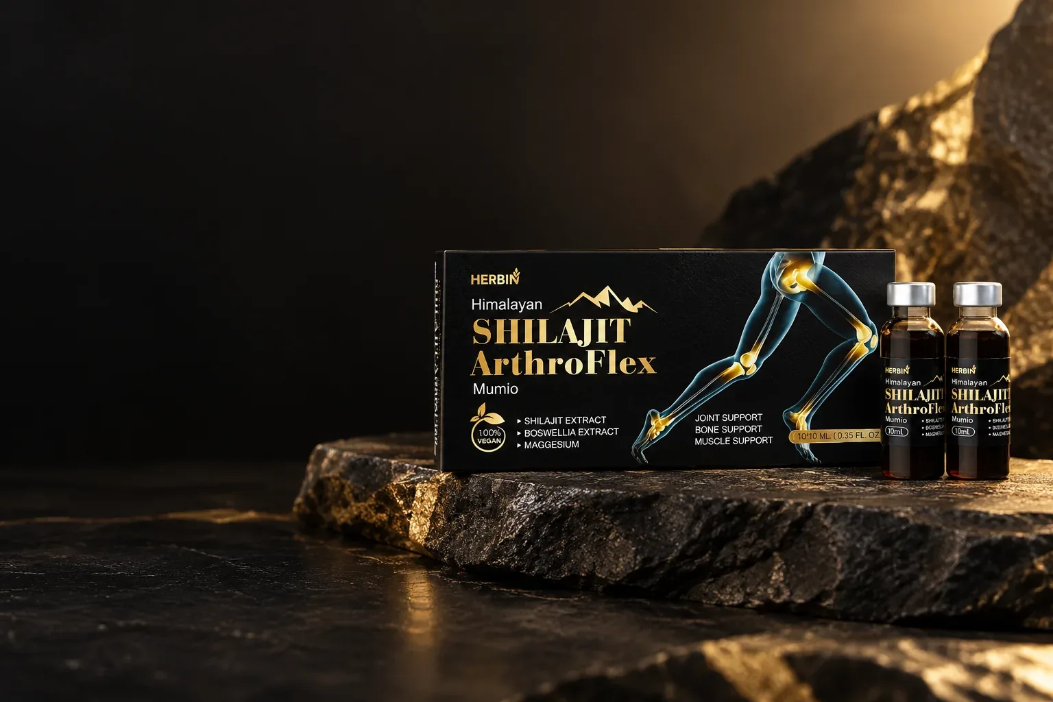 Pôvodné balenie Herbin Shilajit ArthroFLEX s dvomi fľaštičkami na kamennom podklade