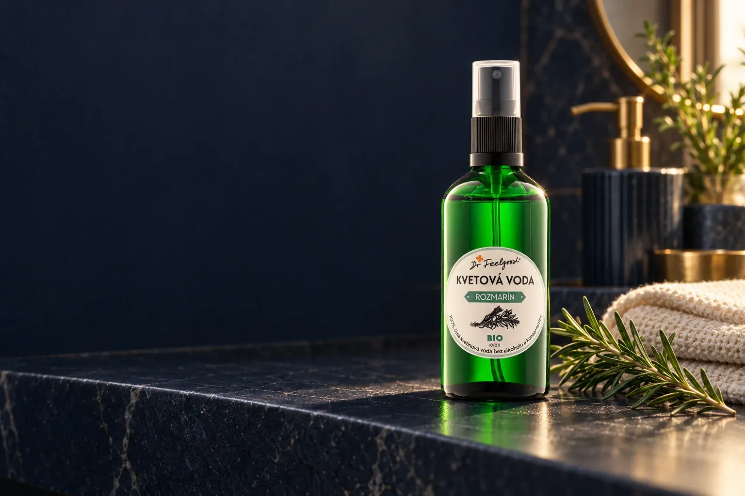 Kvetová voda Rozmarín BIO Dr. Feelgood v zelenej 100 ml fľaštičke s rozprašovačom a vetvičkou rozmarínu
