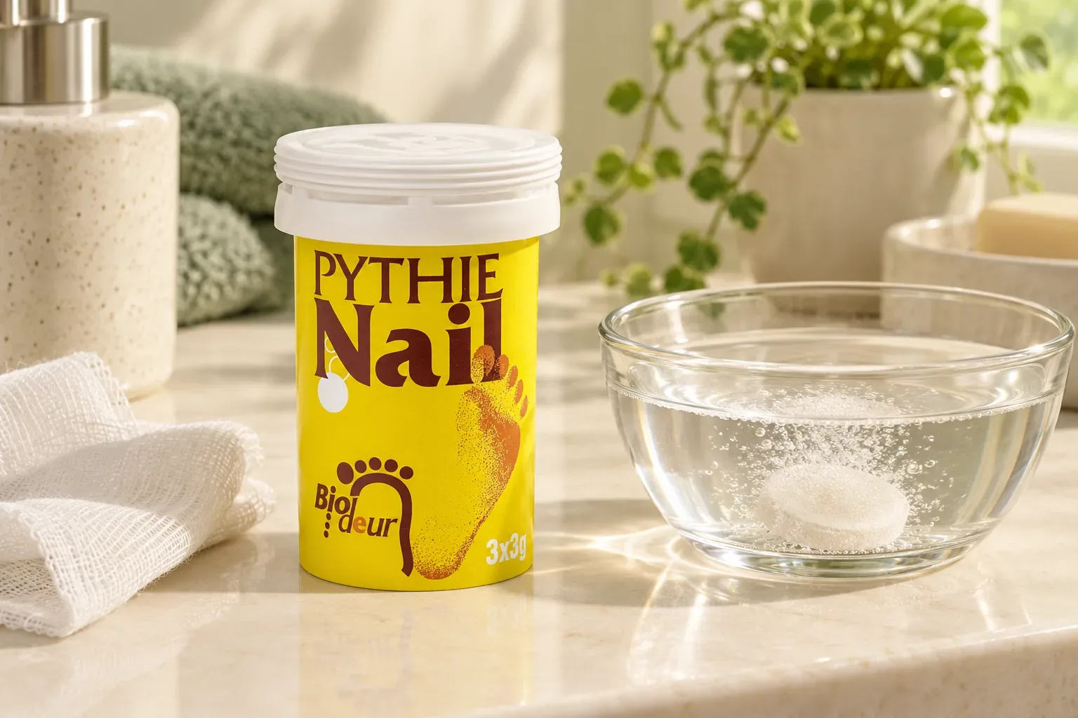 Šumivá tableta pri rozpúšťaní vo vlažnej vode vedľa balenia Pythie Biodeur Nail