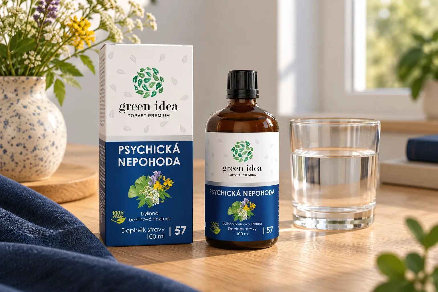 Bezliehová tinktúra Psychická nepohoda Green idea 100 ml s krabičkou pri pohári vody
